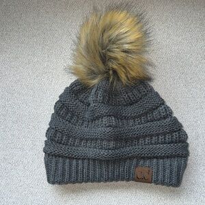 C.C Charcoal Knit Beanie with Faux Fur Pom